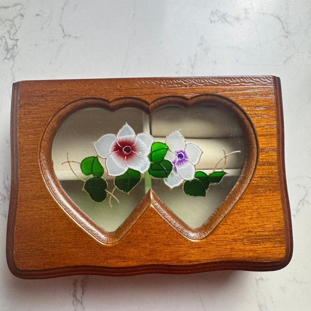 Vintage Kmart Walnut Finish Jewelry Box Stained Glass Double Heart Floral Lid